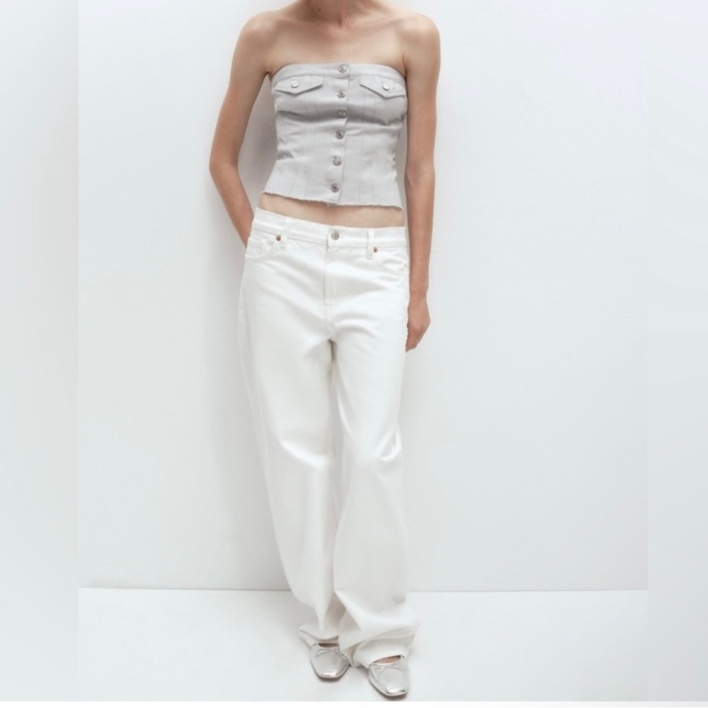 NWT ZARA Women Strapless Button Front Corset Style Denim Cropped Top Sz S Silver